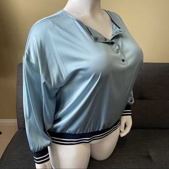 Blue Long Sleeve Varsity Hem Sateen Blouse - Picture 3 of 7